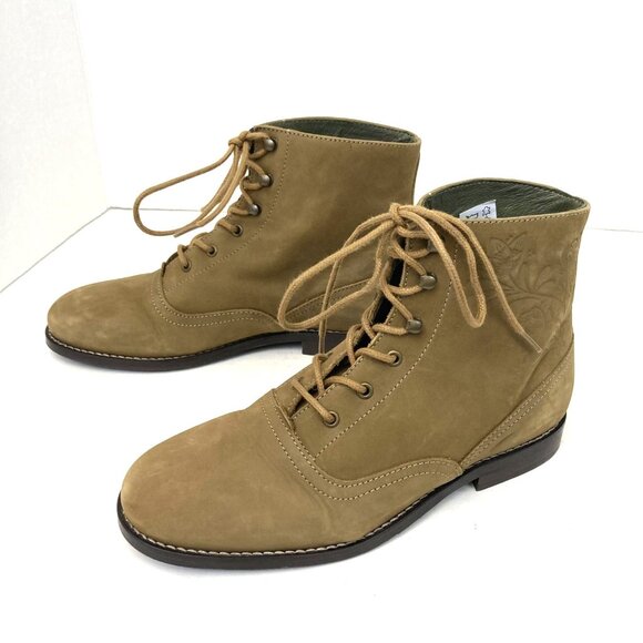 Gudrun Sjoden Suede Lace Up Embossed Boots Womens US 6 / EU 36 Tan Ankle Floral - Picture 3 of 15